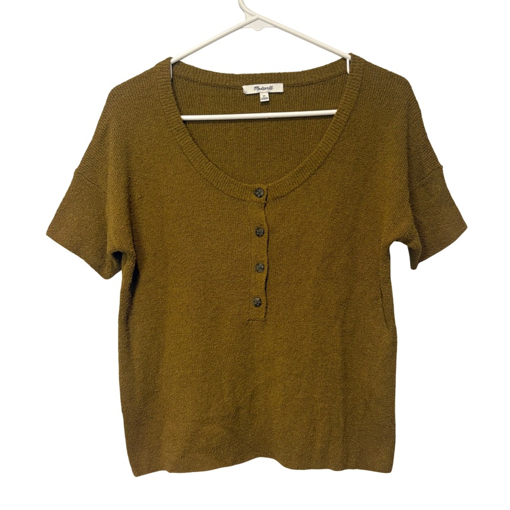 Madewell Henley Sweater Women XS Olive Green Short Sleeve Textured Boucle Knit